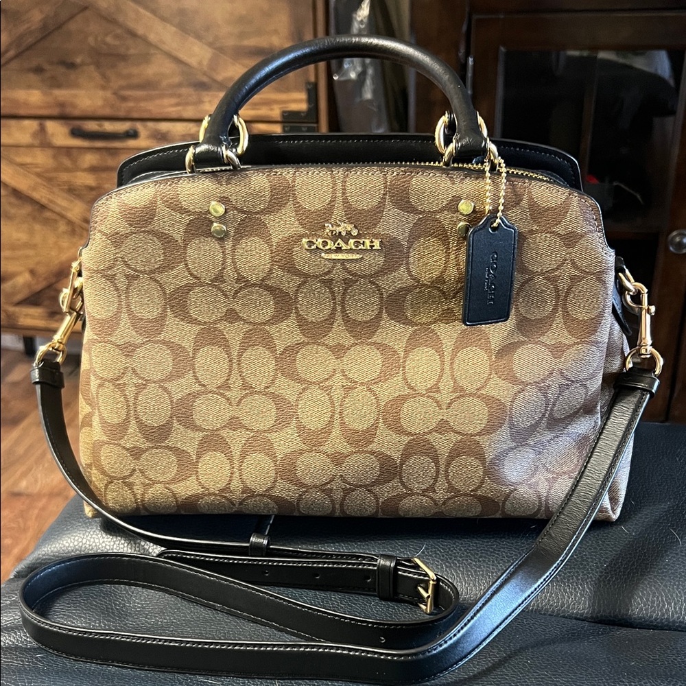 Coach Tan and Black Lillie Carryall Signature Satchel